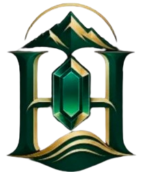 Haldor Gems & Geosciences logo — line-art emerald crystal with bronze facet over three strata lines