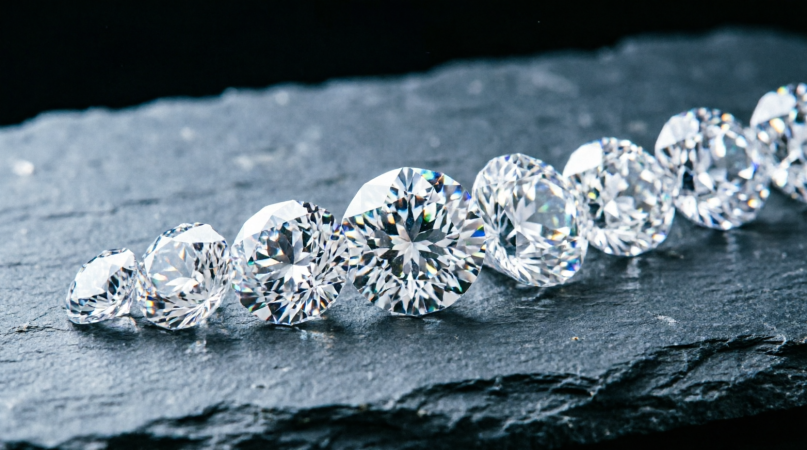 Loose round brilliant diamonds of graduated sizes on dark slate
