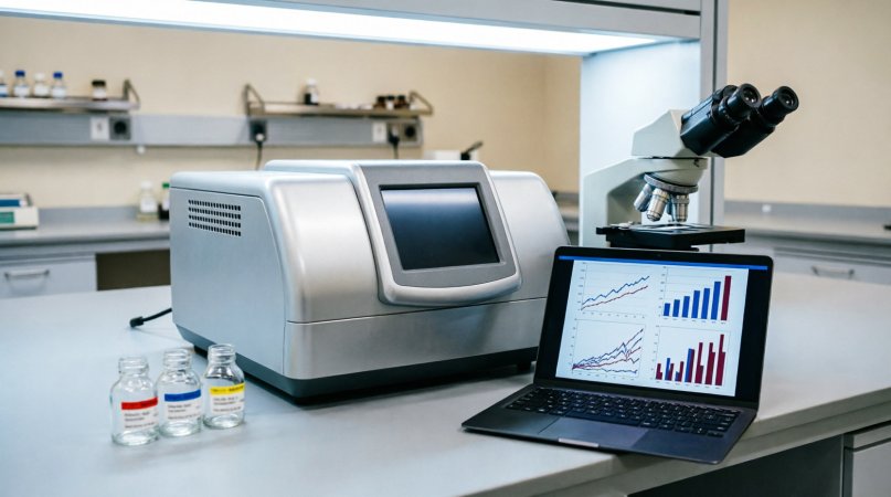 Laboratory bench with XRF instrument and microscope beside labelled sample vials
